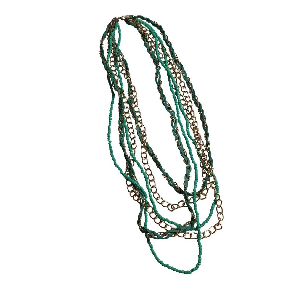 Multilayer Gold Tone Chain Beaded Necklace Green Braided Cord Vintage Mom Gift